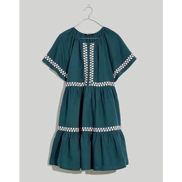 Madewell Embroidered Linen-Blend Flutter-Sleeve Mini Dress green pink medium - Picture 4 of 13